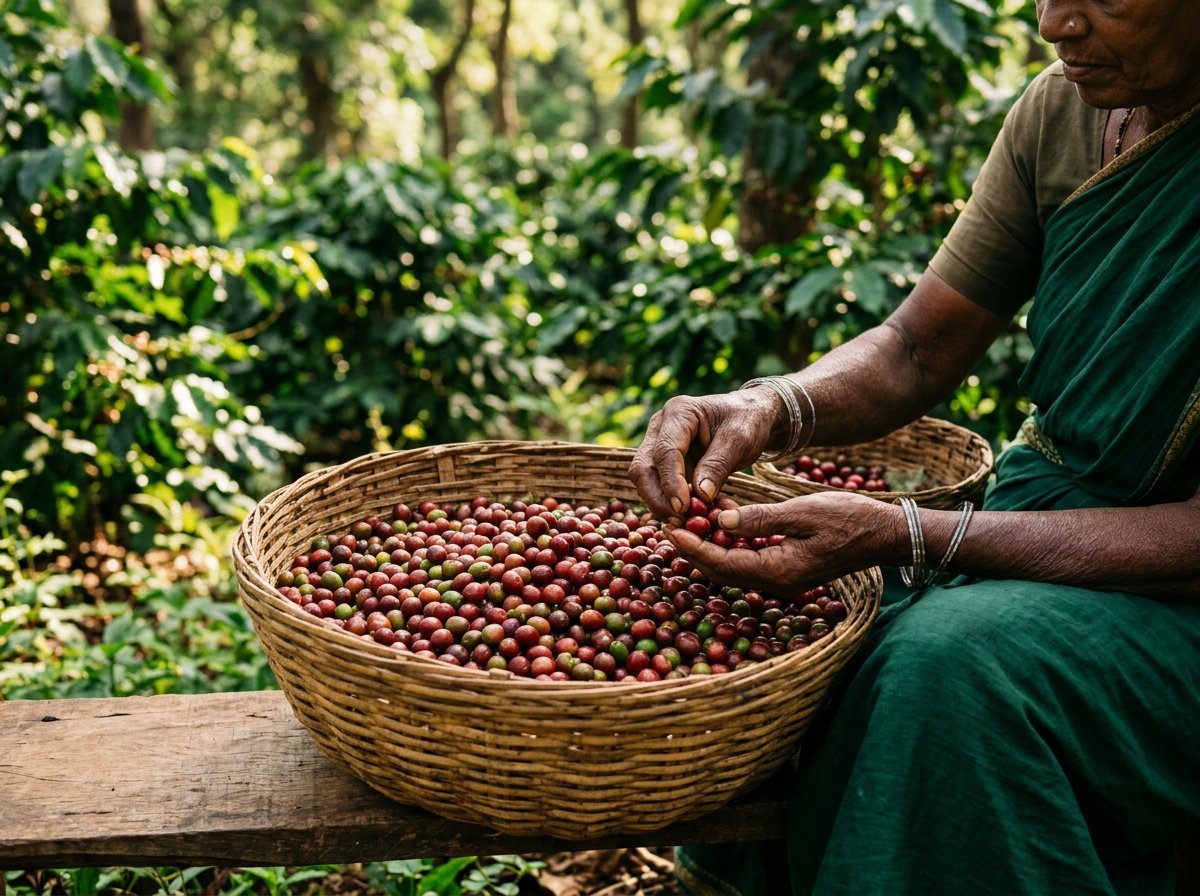 Hands sorting coffee cherries